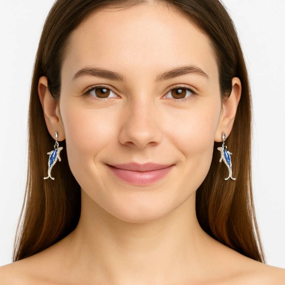 Silver Plated Dolphin Drop Earrings | Blue Abalone Inlay | Pierced Studs - Picture 4 of 9